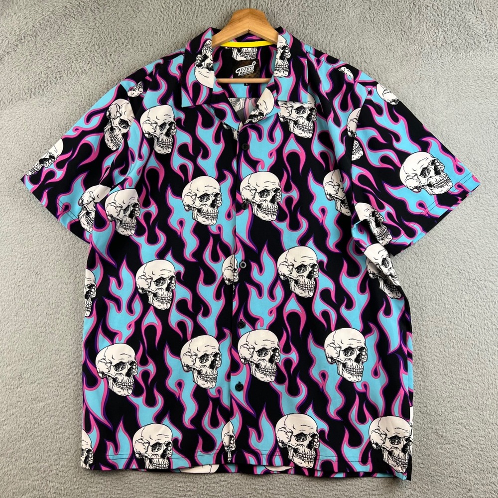 Fresh Prints of Bel-Air Mens Skull Flame Button Down Shirt Black Blue Pink L